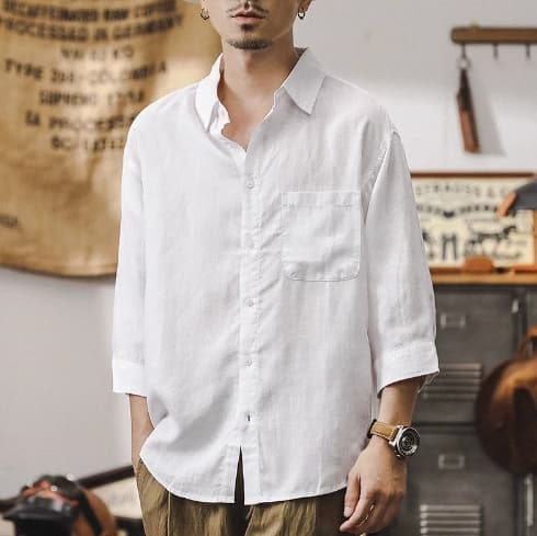 GorgeousBen Summer new Chinese style linen shirt men's short sleeved Lyocell Tencel thin seven quarter sleeved men's shirt. — view 8