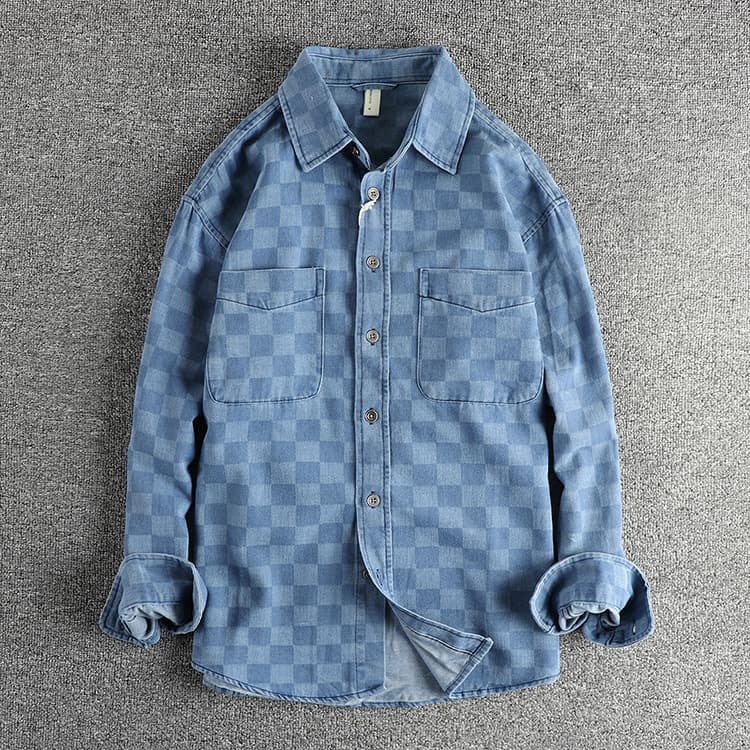 GorgeousBen New Arrival American Retro Streetwear Plaid Denim Shirt Loose Fit Unisex Spring Autumn Lightweight Versatile Outerwear — view 12