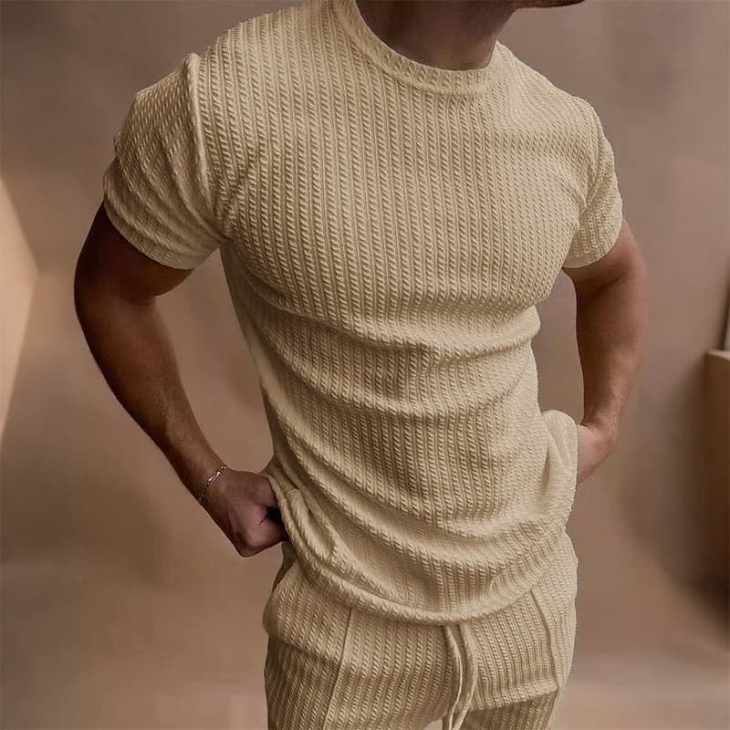 GorgeousBen Men's Casual 3D Textured Knit Short Set, Loose Fit Summer Loungewear — view 3