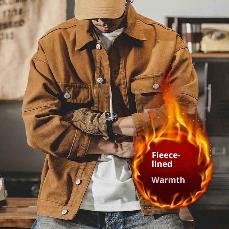 GorgeousBen Men's American Retro Heavyweight Denim Workwear Jacket Loose Fit Fleece Lined Casual Coat for Spring Autumn M-4XL — view 11