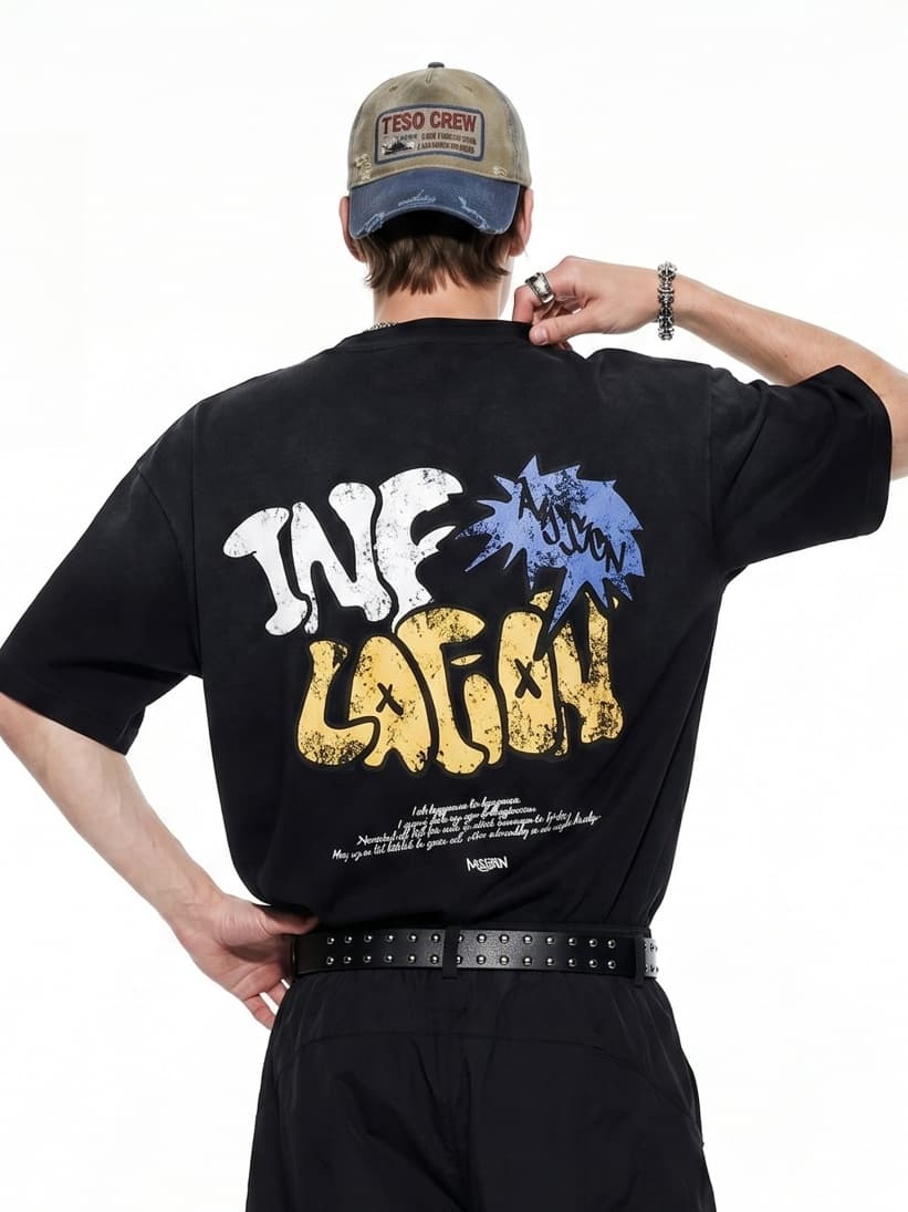 GorgeousBen Men Portrait Graffiti Print Short Sleeve T-Shirt Loose Drop Shoulder American Streetwear 2026 Summer New Multiple Sizes Availabl — view 2