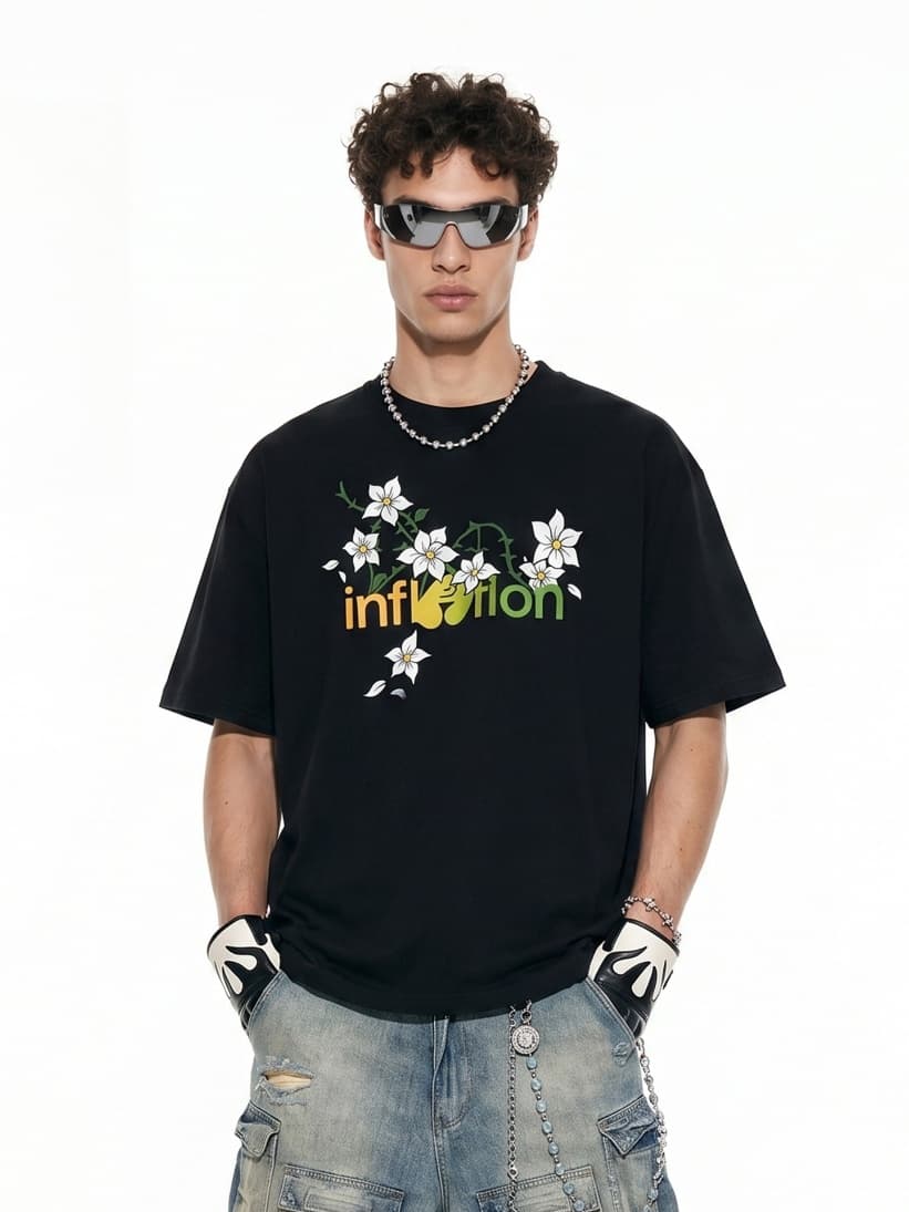 GorgeousBen Men American Streetwear Floral Print Short Sleeve T-Shirt Loose Crew Neck 2026 Spring Summer New Multiple Sizes Available — main view
