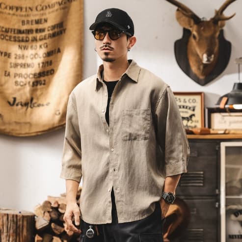 GorgeousBen Summer new Chinese style linen shirt men's short sleeved Lyocell Tencel thin seven quarter sleeved men's shirt. — view 15