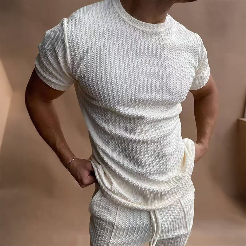 GorgeousBen Men's Casual 3D Textured Knit Short Set, Loose Fit Summer Loungewear — main view