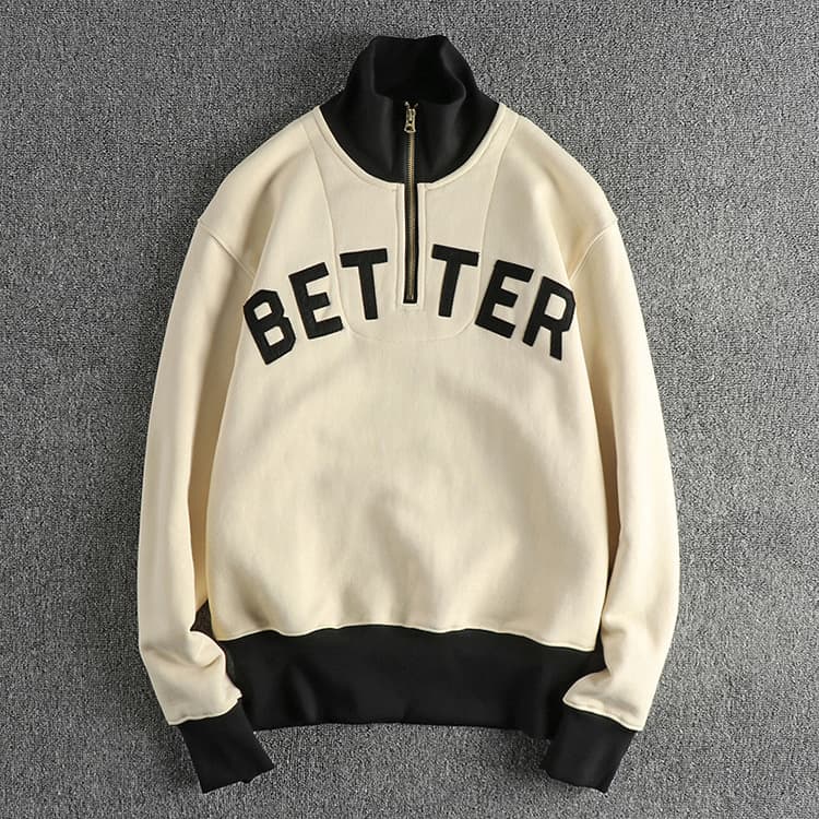 GorgeousBen Applique embroidered letter pattern khaki retro trend plus fleece thickened hoodie men's half open stand collar American pullove — view 7