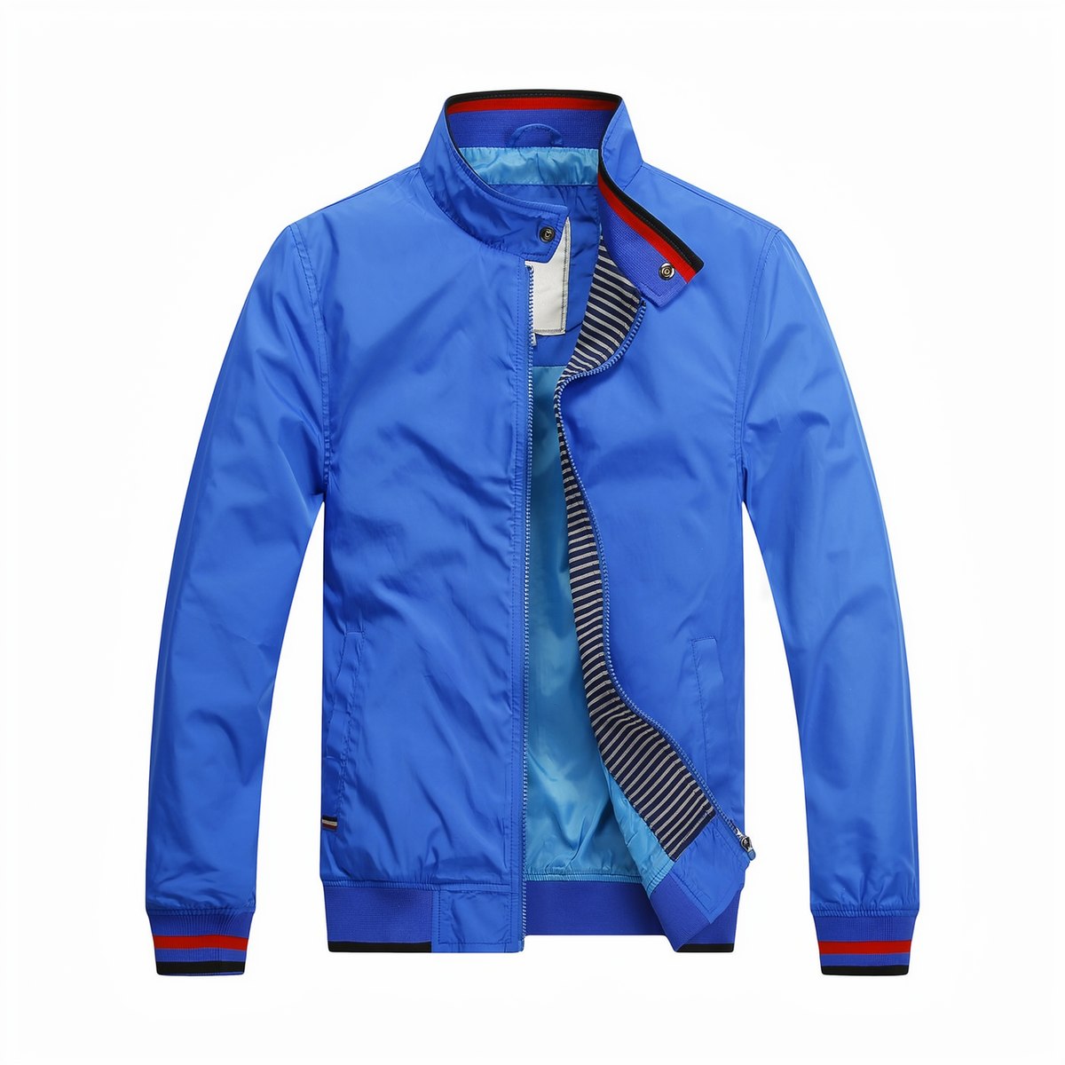 GorgeousBen blue stand-collar bomber jacket front view - smart casual office outfit